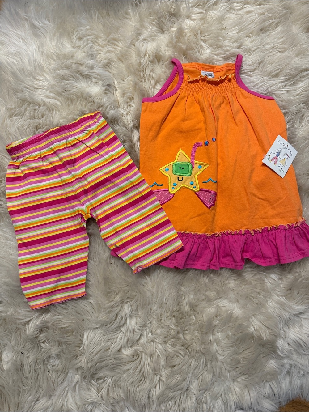 New Girls Orange & Pink Starfish Tank Top with Striped pants 12 months